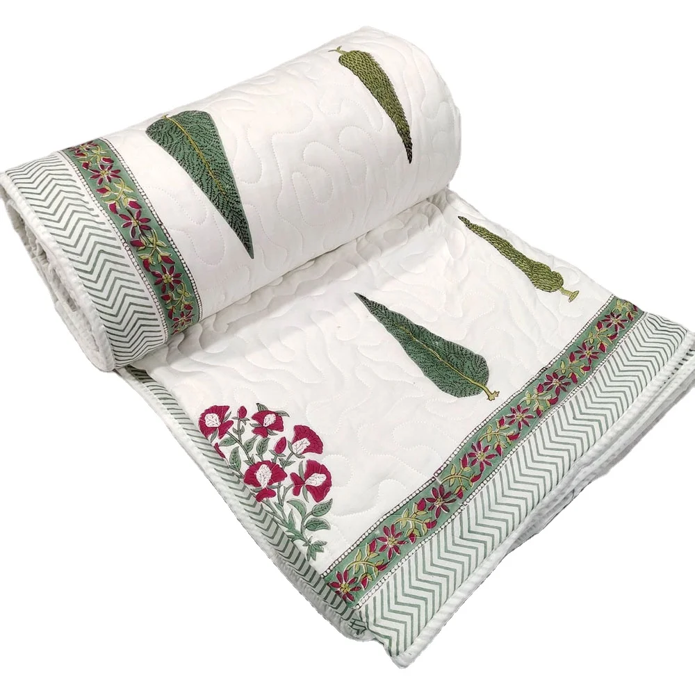 Leaf & Floral Printed Indian Machine 100 Percent Cotton Quilts Of Twin King Queen Size Lightweight Bedspreads Online