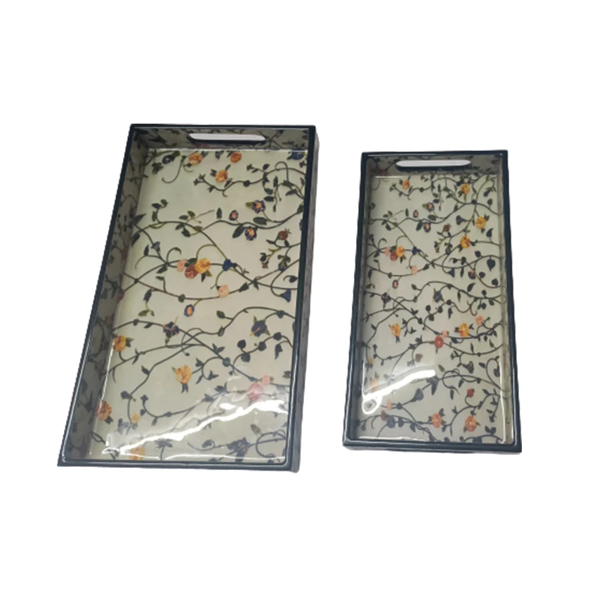 Hot-Selling Set of 3 Unique Mango Wood Rectangular Decorative Hand-made Enameled White Printed Tabletop Serving Storage Trays