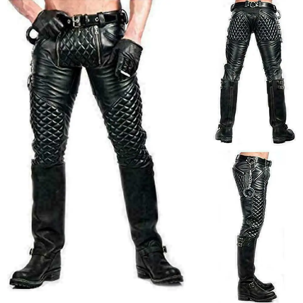 Mens Real Leather Black Pants Quilted design with chained crotch piece front