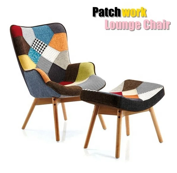 Living room/bedroom portable patchwork contemporary armchair recliner with footstool