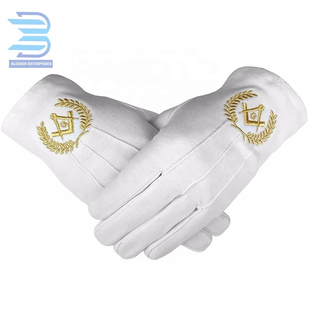 Masonic Glove Acacia Leaf Gold Machine Embroidery White Cotton Gloves