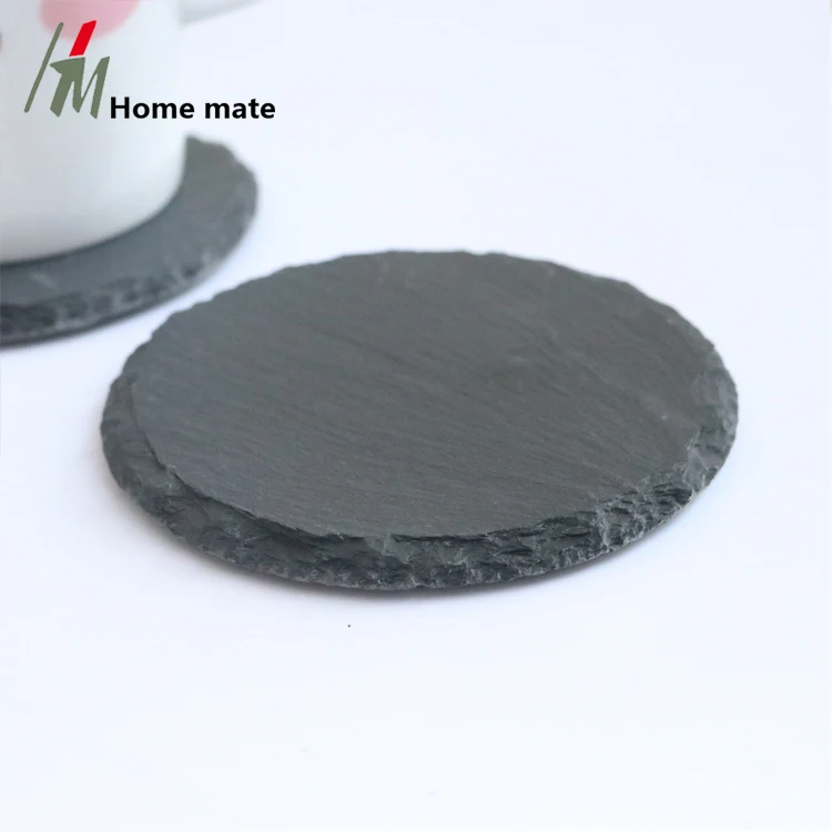 Set of 5 Round Black Natural Rough Edge Slate Stone Drink Coasters for Bar and Home