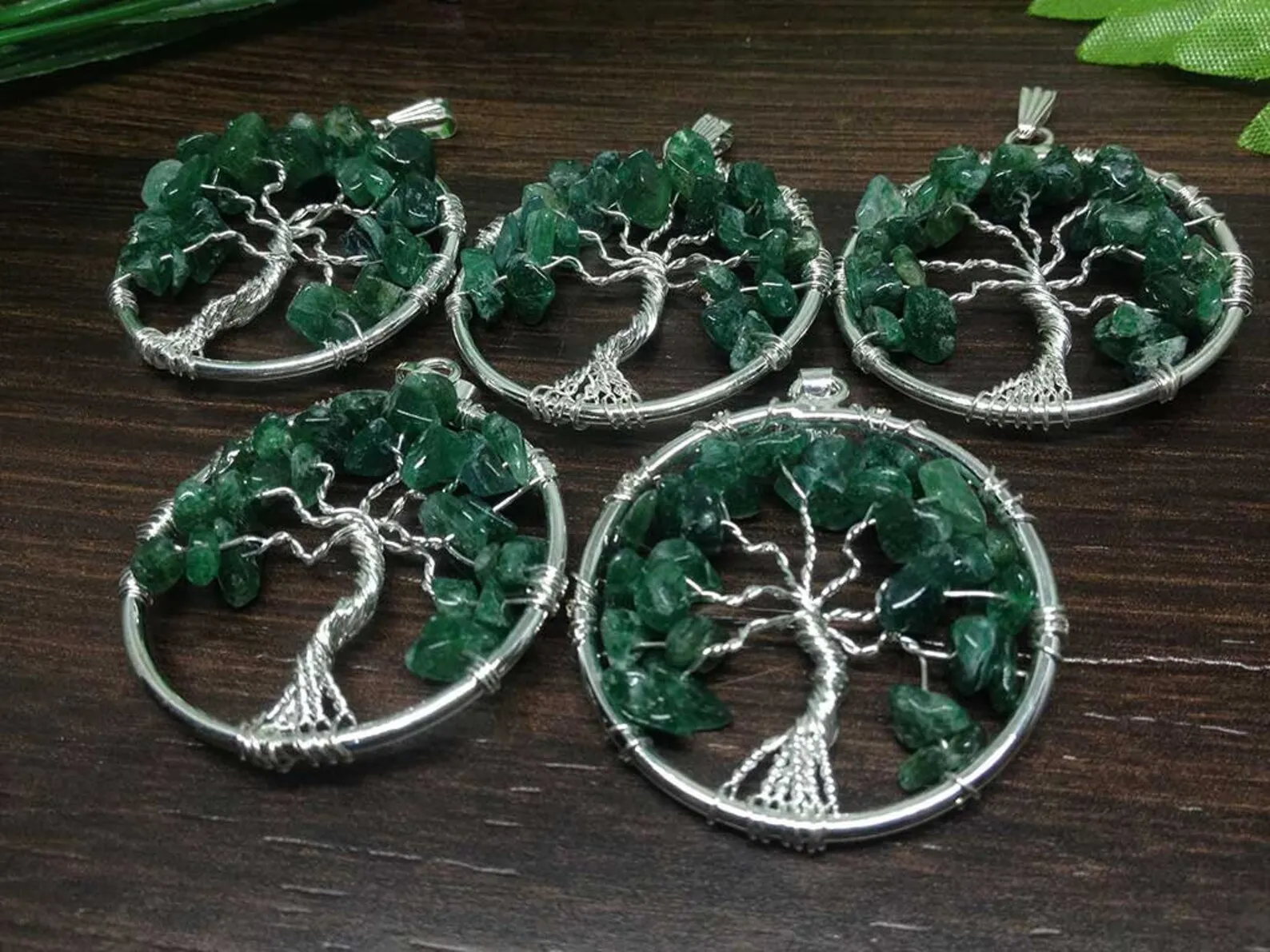 Green Jade Gravel Chip Stone Tree Silver wire wrapped Pendant/ WIRE WRAPPED ring Keychain  /GREEN JADE TREE OF LIFE PENDANT TREE