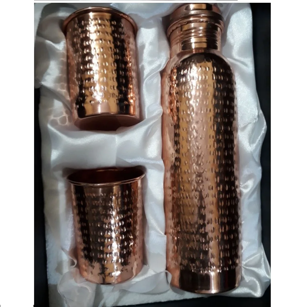Hot Selling Copper Bottle With 2 Glass Very Good Health Body Yoga Health Leak Proof Joint Free Pure Copper Water Bottle Hygienic