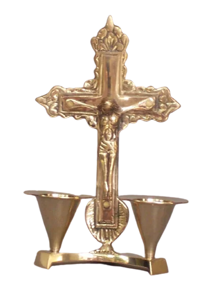 Religious Brass Jesus cross candle stand Handmade Christian Lord Jesus Cross Sign Brass Statue with Candle Stick Holder
