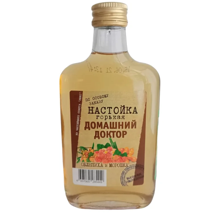 Спиртовой напиток, ликер 35% 250 мл «Семейный врач», облепиха и намотка мороза в стеклянной бутылке, в упаковке