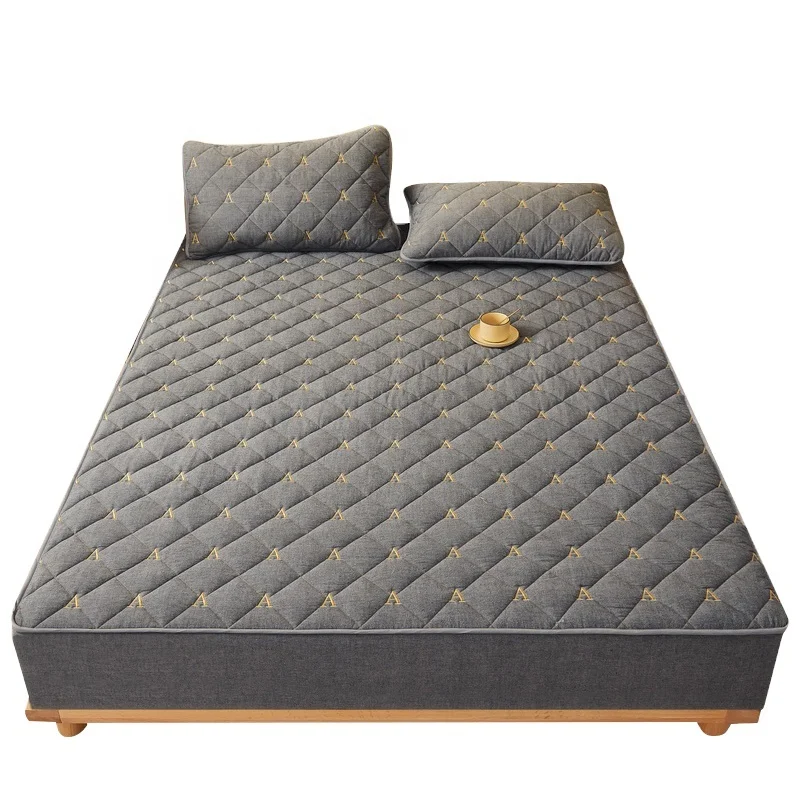 New American and European 3pcs elastic fitted sheet solid color embroidery quilted bed sheet 100% cotton bed sheets sets