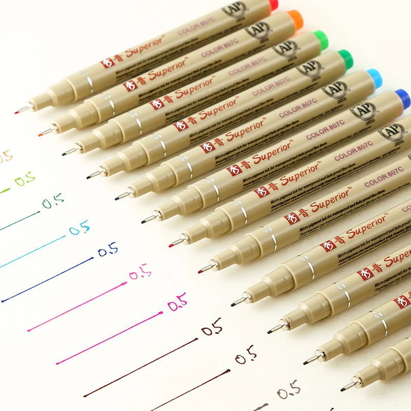 Superior MS-807C 0.5mm 12 color high quality professional colored sketch fineliner drawing pen set for art sketching