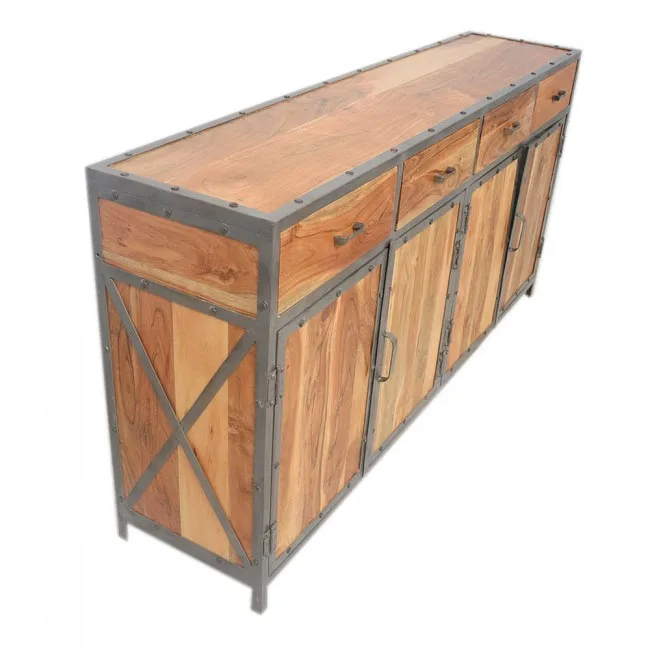 Vintage Industrial 4 Door 4 Drawers Indian Solid Wood Style Sideboard Buffet Credenza Jodhpur Rustic Cabinet