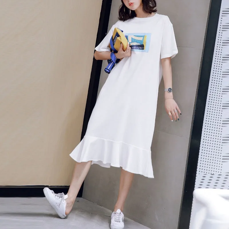 Hot sale custom casual cotton t shirt dress summer long skirt women clothing loose oversized graphic print ruffles midi dresses