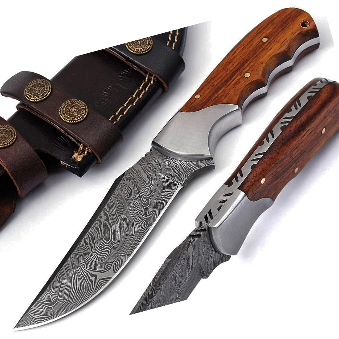 Fixed Blade Outdoor Survival Bowie Knives LWS 11848 Damascus Steel Hunting Knife with Leather Sheath