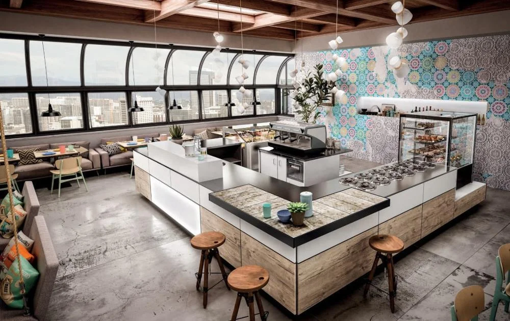 Wooden Bar Counter Upright L-Shapee Bakery Shop Interior Design Ice Cream Display Cabinet