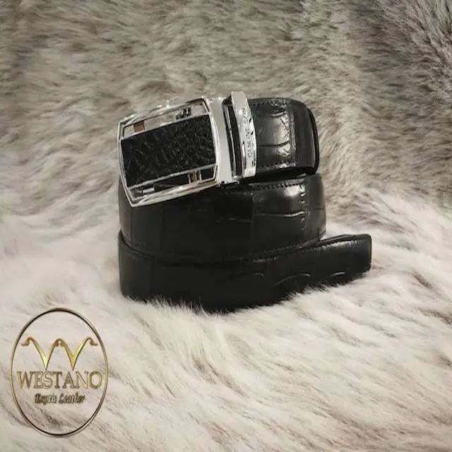 Genuine Belly Crocodile Leather Belt. Black Crocodile Belt. Siamensis Crocodile. Automatic Buckle. Made in Thailand