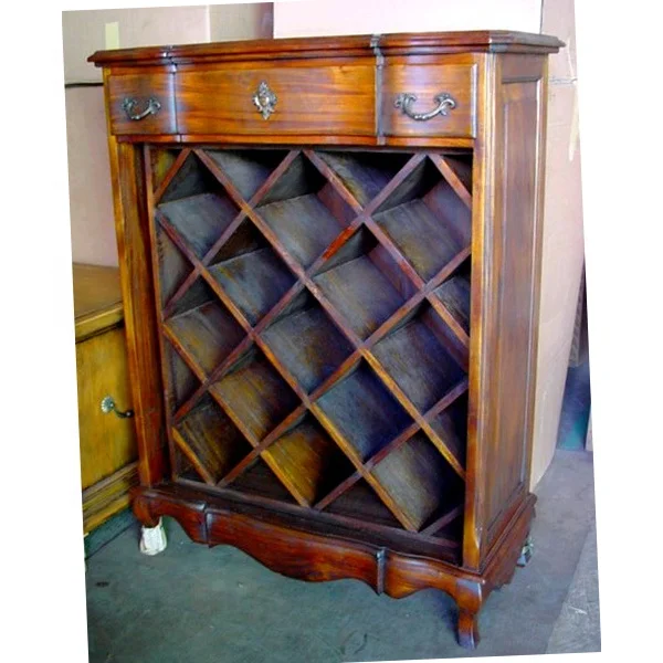 Antique Reproduction Mahogany Wood Wine Rack Cabinet Solid Oak Home Furniture with NC Finish for Bottle Storage