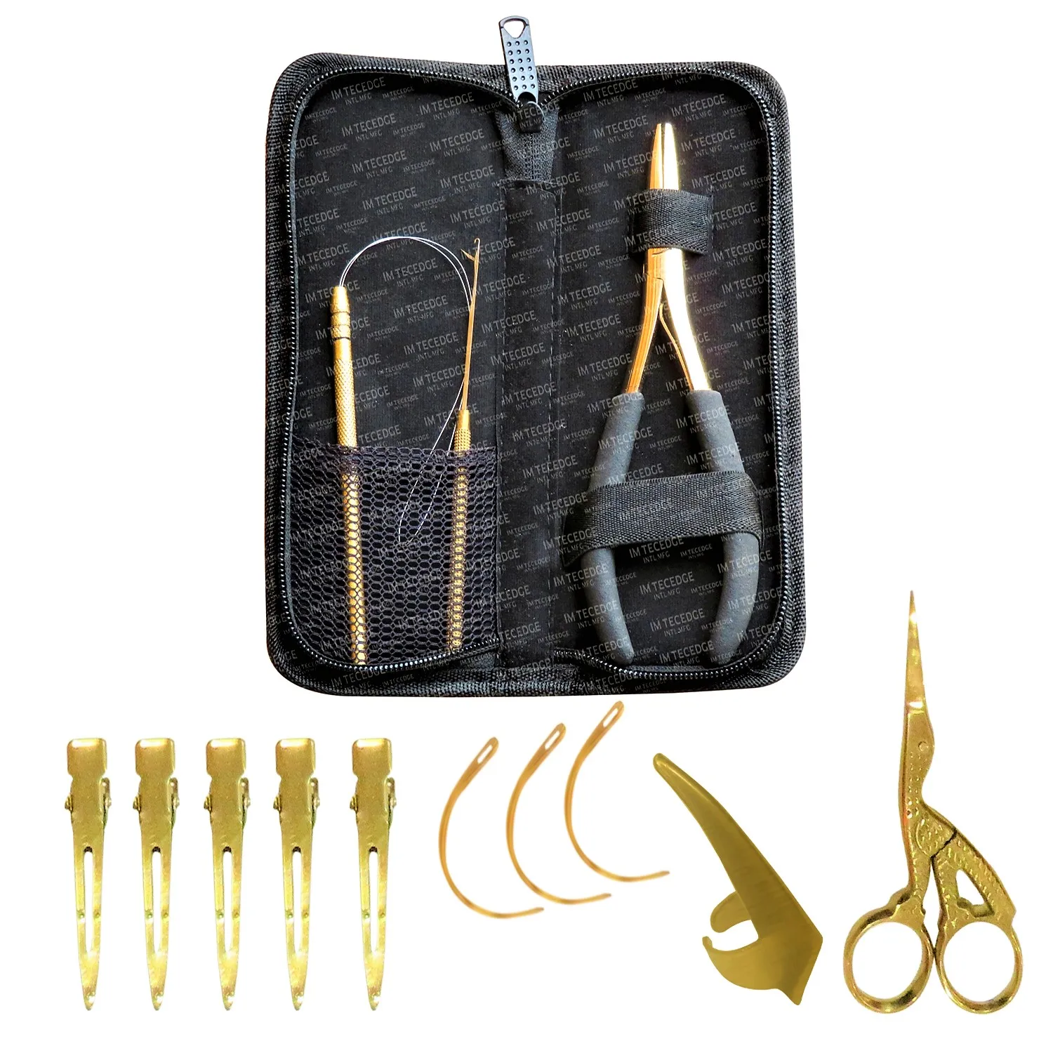 Nano & Micro Rings Hair Extension Tools Application Plier Kit with Pulling Loop Tool & C Type Needles Stainless Steel 5 Pieces