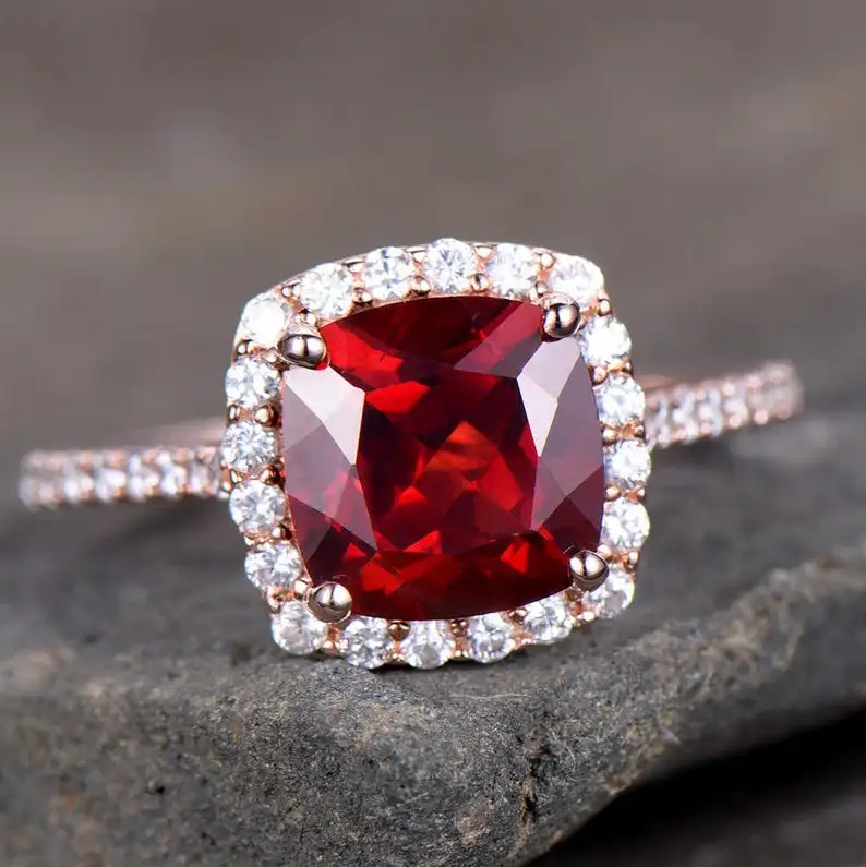 Обручальное кольцо с гранатом, кольцо обещания с красным гранатом, покрытое розовым золотом, CZ Halo, серебро 925 пробы, свадебное кольцо, ПАВЕ