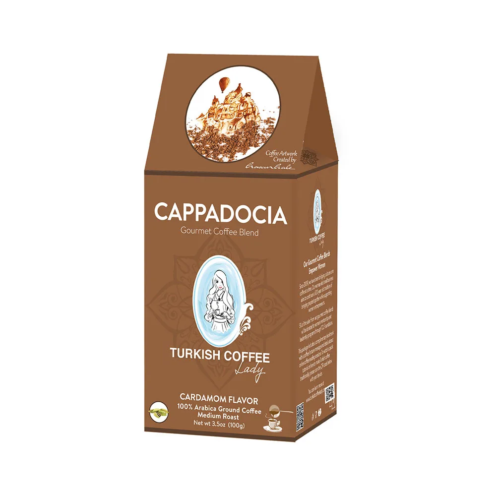 Cardamom Flavor 100% Arabica Ground Coffee Medium Roast Turkish Coffee Lady Cappadocia Gourmet Coffee Blend 100g 1 % Brix 0.1 Kg
