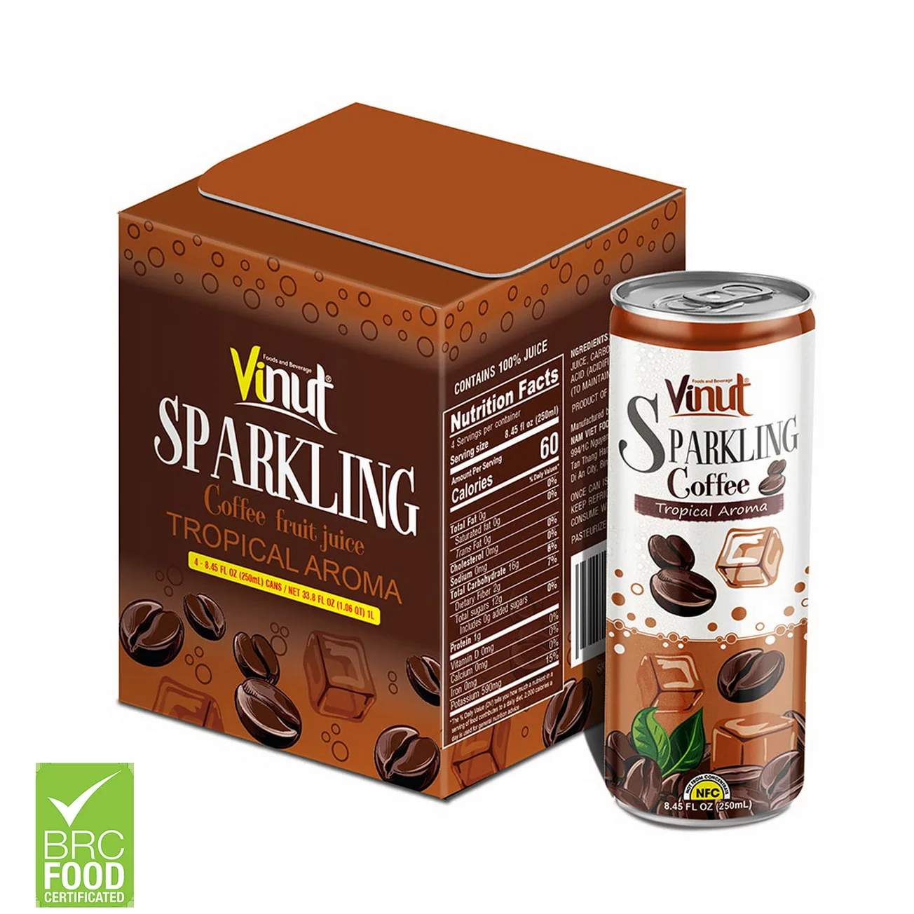 250ml Carbonated drinks VINUT 4 Cans Tropical Coffee Aroma Distributors Fresh ODM in Vietnam ISO HALAL HACCP Certificated