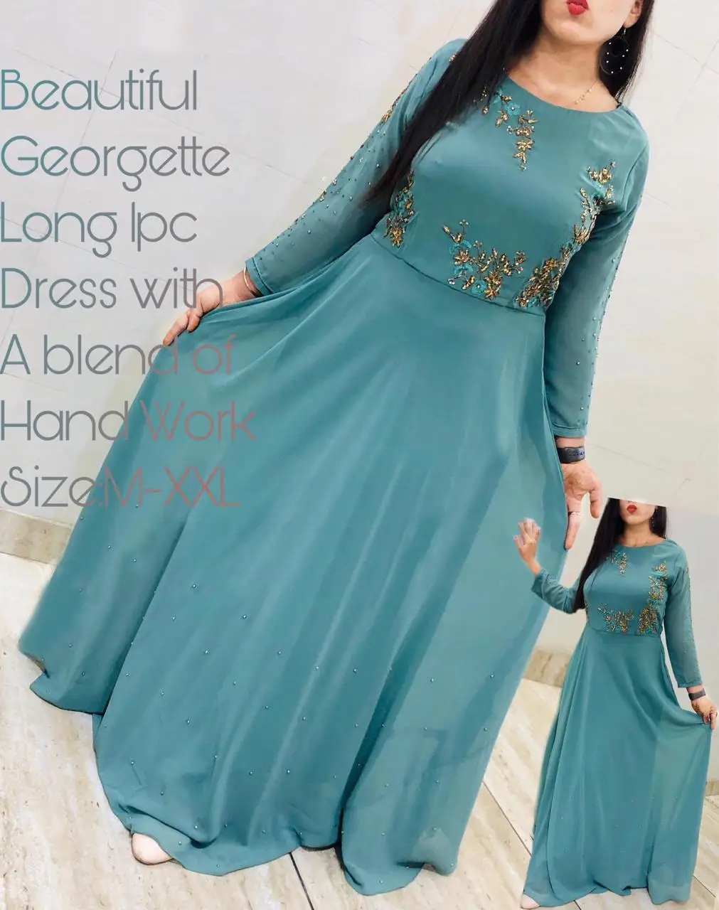 Embroidery work with lock moti and flower georgette material long gown and kurti