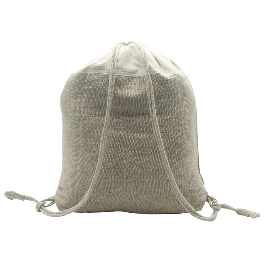 Eco-Friendly Burlap Cotton Canvas Jute Hemp Drawstring Backpack Gym and Cycling Sport Bag for Shoes