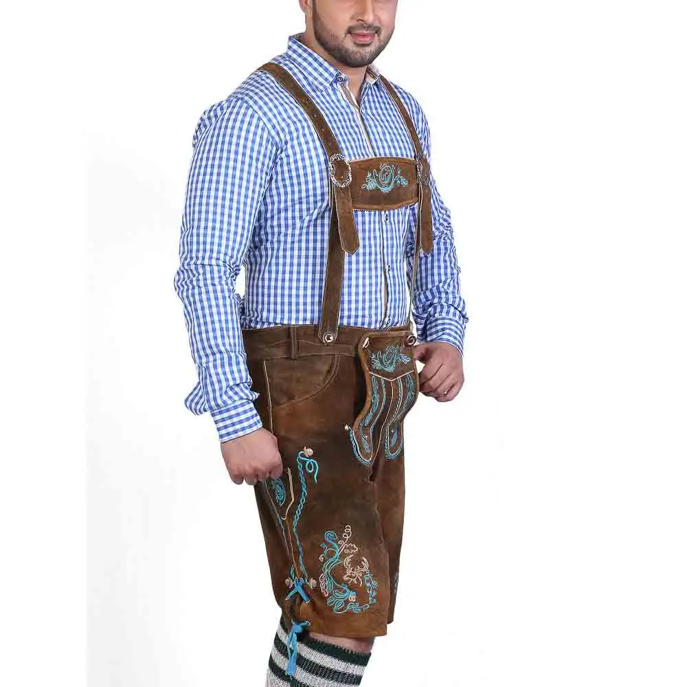 Баварские коричневые брюки с длинным ремешком охотничьи кожаные Октоберфест (немецкая одежда Баварская)