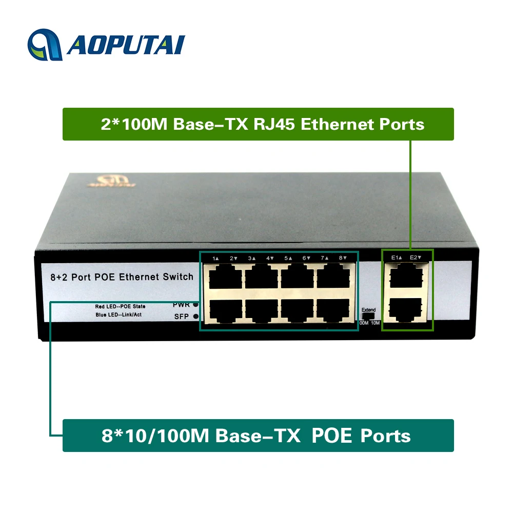 8 port poe + 2 uplink poe switch 48v extender 250meter IEEE802.3af/at standard poe network switch