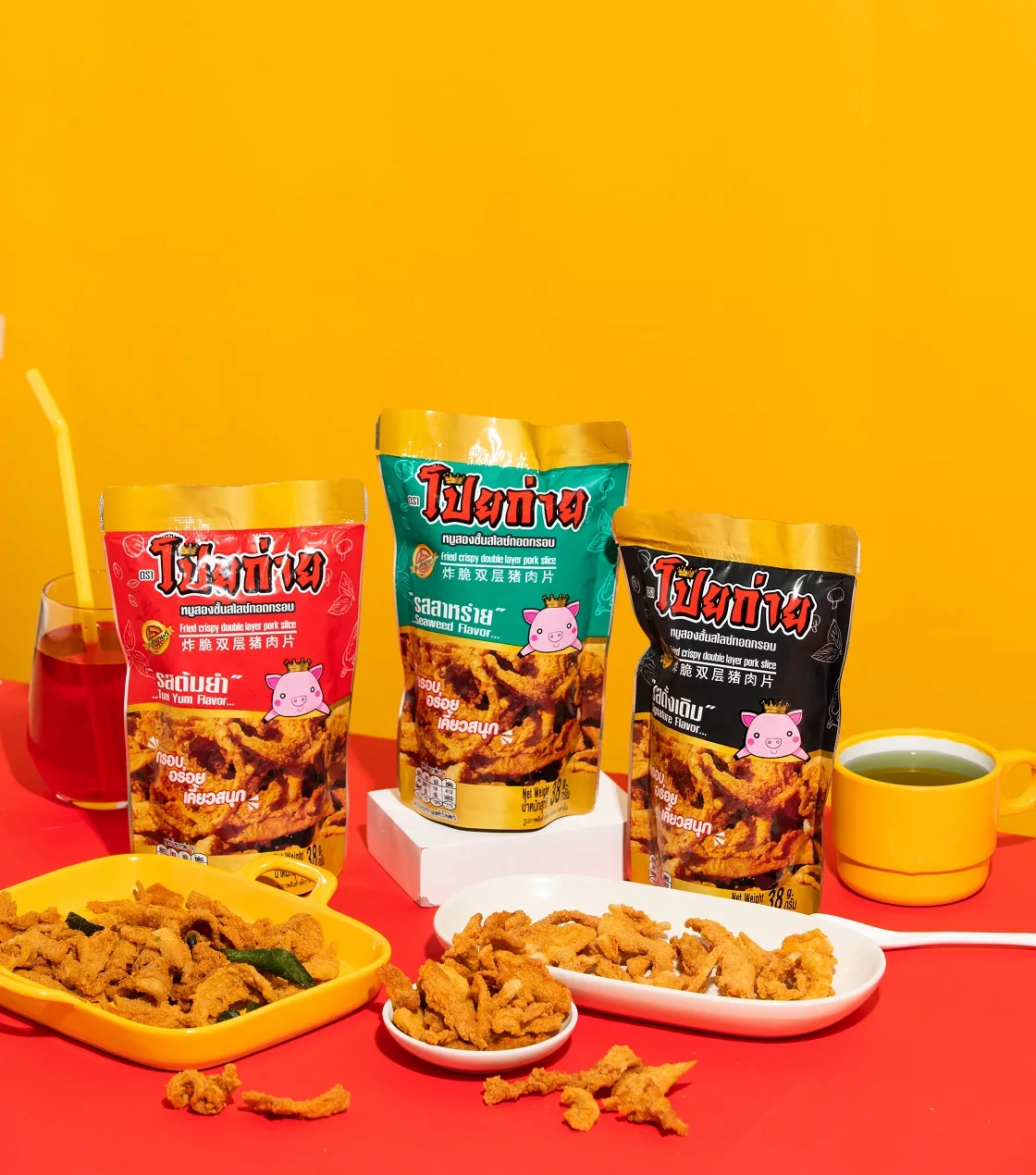 Poygai Frird Crispy Double Layer Pork Slice Signature Flavor 38g Best selling Premium Quality Snacks from Thailand 4 Favors Thai