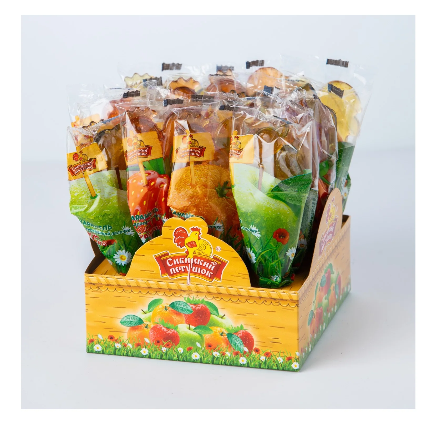 Карамельный леденец конфеты «Сибирский петушок» жесткие конфеты 24 гр., 20 шт. * 2 bl / Show-box набор вкусов (3 вкуса в ассортименте)