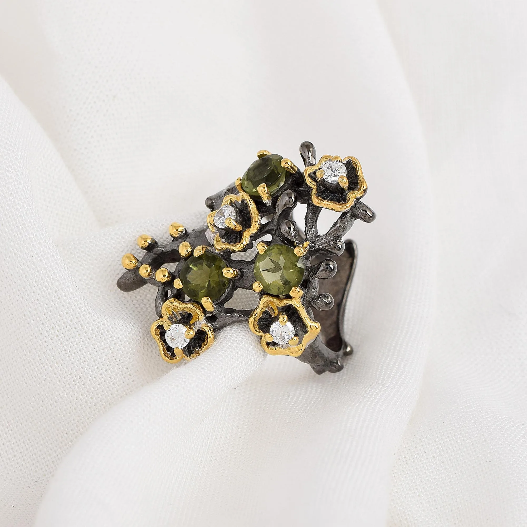 925 Sterling Silver Black Rhodium Gold Plated Tree Branch Moldavite Gemstone Cocktail Ring Cubic Zirconia Stone Fine Jewelry