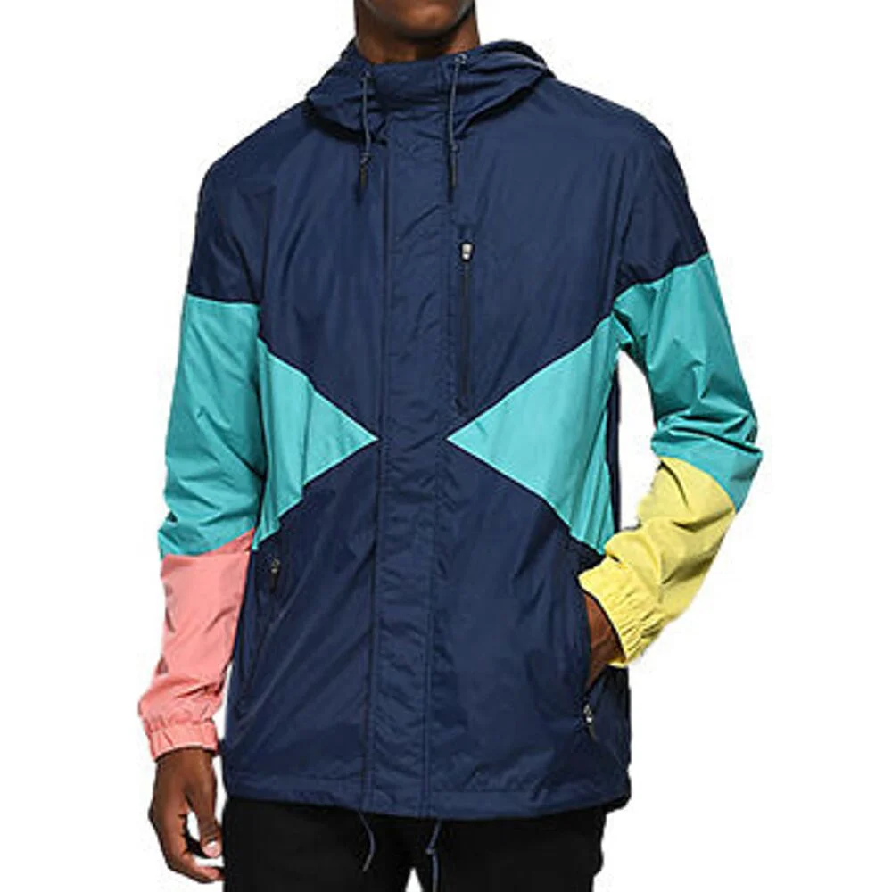 Oem Full Zipper Color Block 100% polyester Waterproof Jacket  Custom Windbreaker Jacket Men