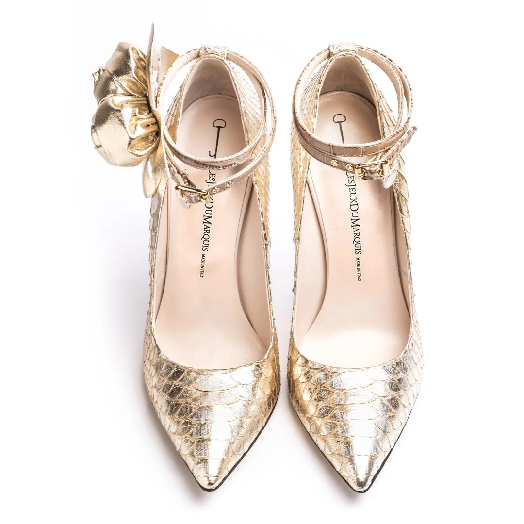 Handmade in Italy stiletto heel snakeskin leather and leather handmade roses woman pumps shoes
