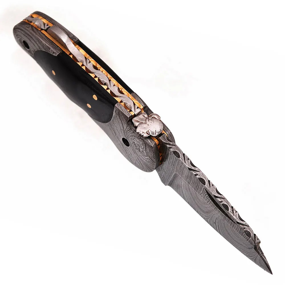 
Hand made Damascus Steel Custom Design Folding Knive/ Pocket Knife with Camel bone, Color wood and Black Buffalo Horn handle 