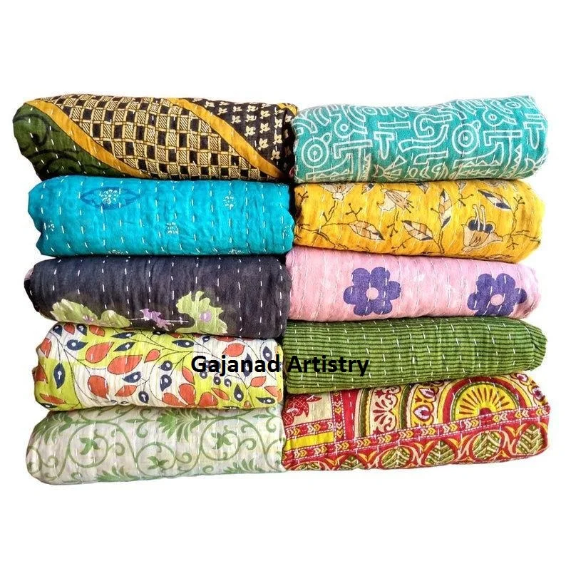 Хлопковое одеяло Kantha, индийское двустороннее двуспальное покрывало ручной работы в стиле бохо, этническое одеяло Kantha Gudri, одеяло ручной работы