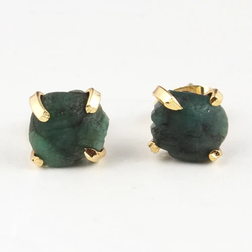 Small stud natural rough look emerald may birthstone screw back studs brass gold plated four prong setting handmade stud earring