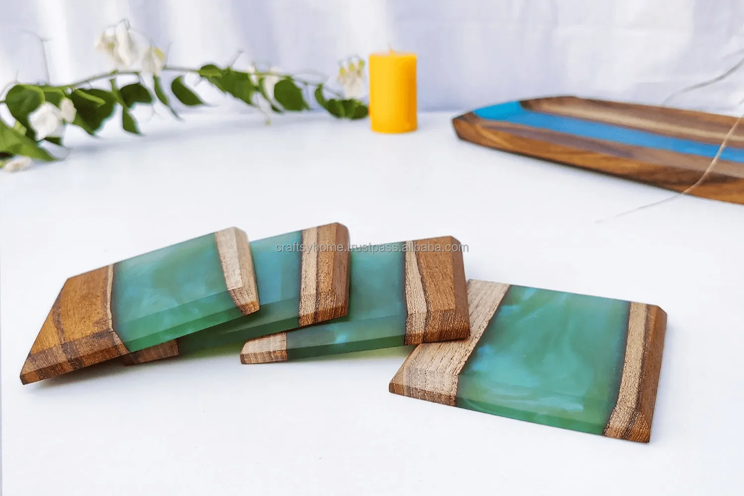 Top Quality Customize Handmade Square Epoxy Resin & Wood Resin Sea Green Decorative Coasters for Giveaways Gifts