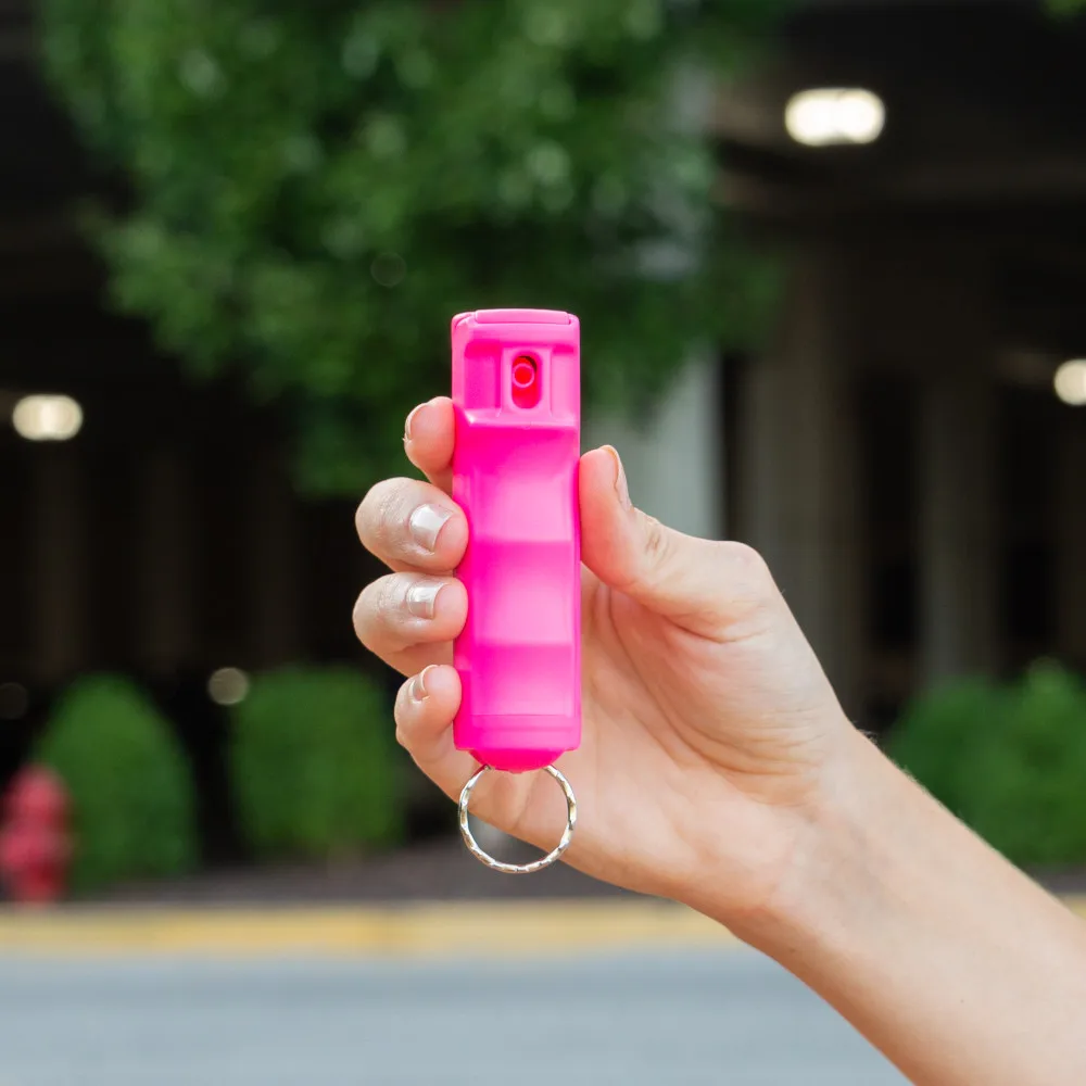 
12-Foot Range SABRE Pepper Gel with Finger Grip and Key Ring, UV Marking Dye Ergonomic Finger Grip Flip Top Safety, Pink 