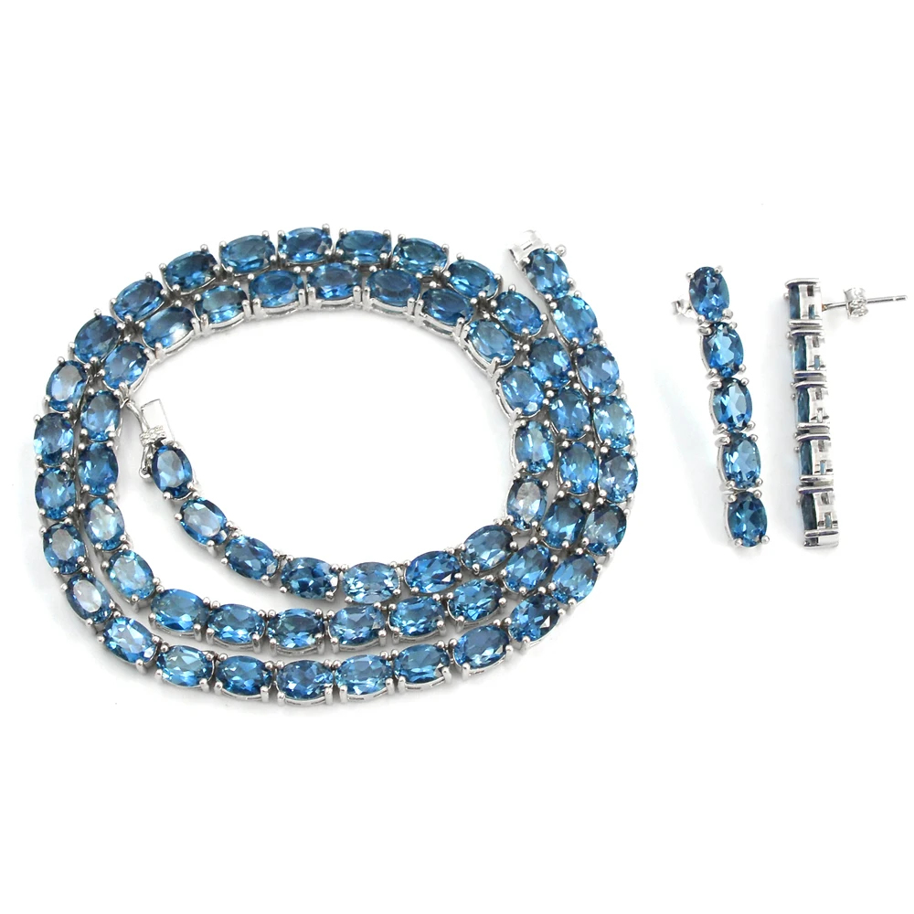 Natural London Blue Topaz 7x5 MM Gemstone 925 Solid Silver For Women Jewelry Tennis Necklace Earring Set By Jaipur Wholesaler
