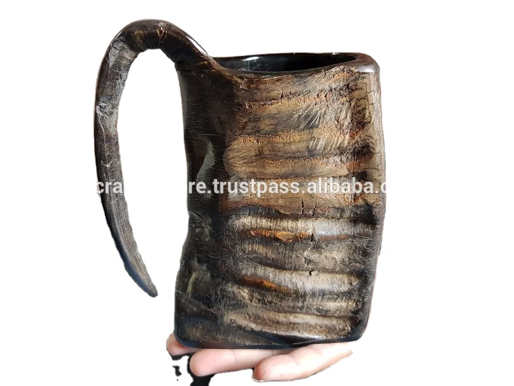 Indian Natural Buffalo Horn Mug Polished Cow Horn Tankards Viking Drinking Horns for Coffee and Tea