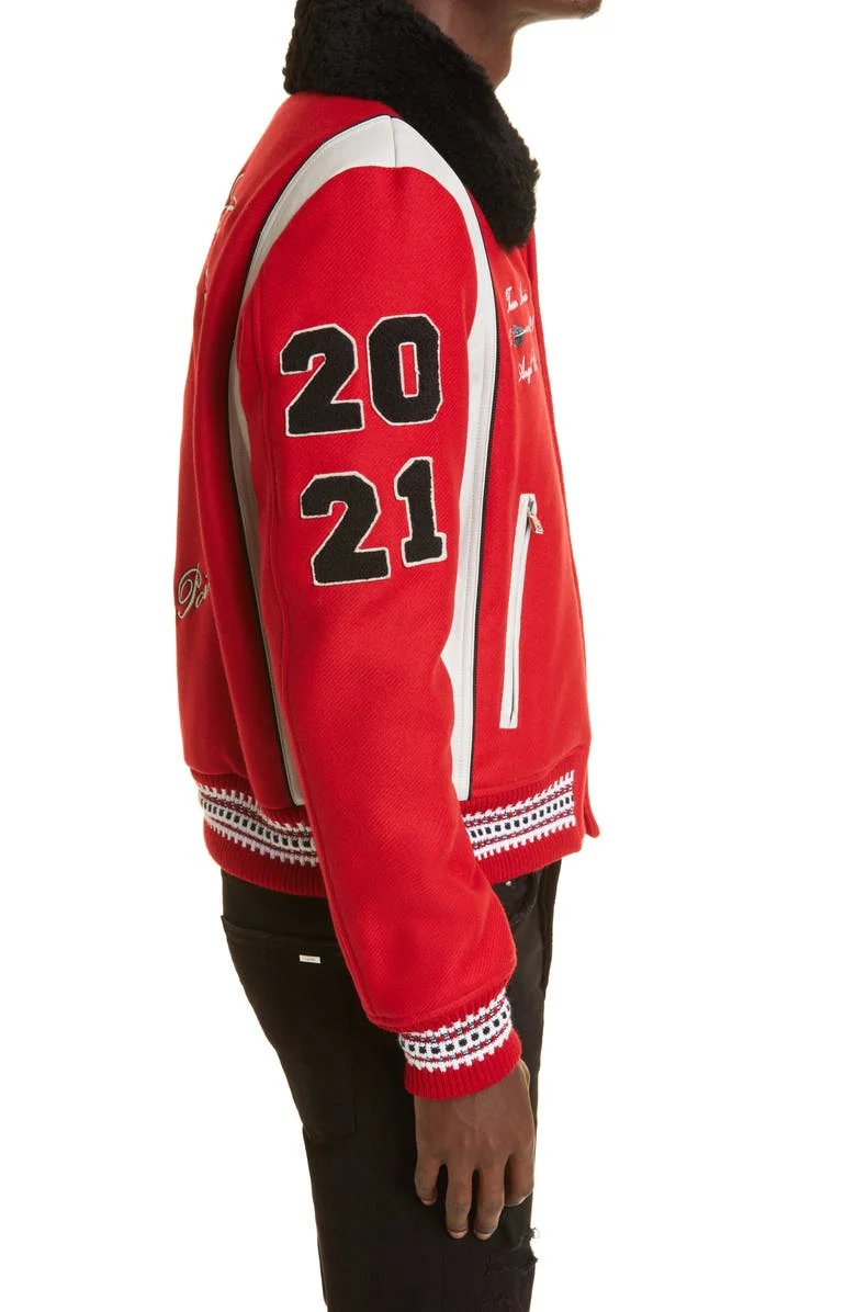 Men varsity jacket new fashion turn down fur collar leather wool fabric chinelle embroidery men baseball letterman jacket