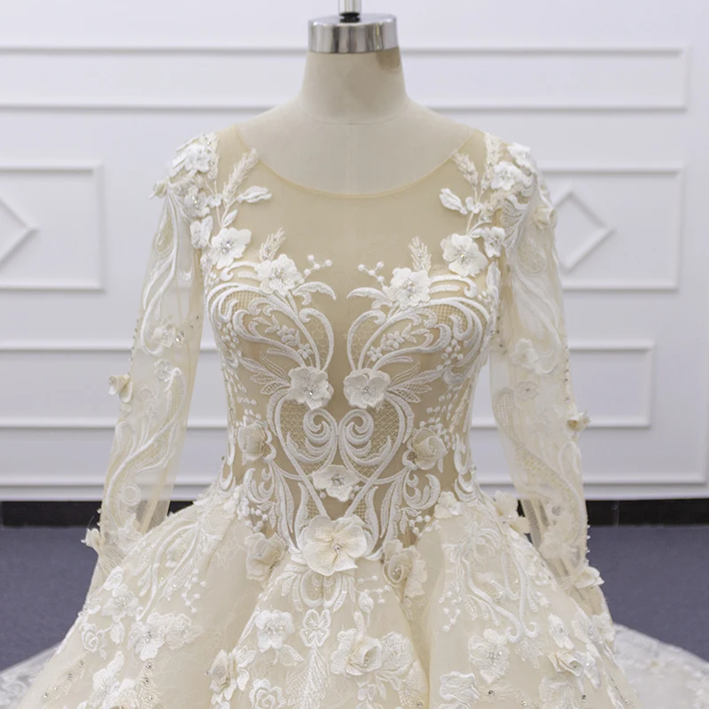 Eslieb SJ196 actual photo champagne high necklace 3D lace luxury graceful  gorgeous ball gown wedding dress