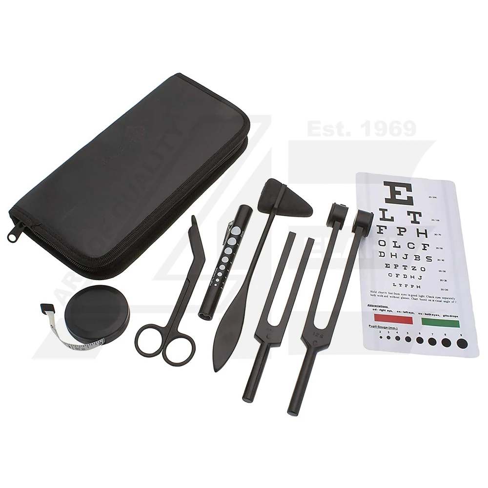 Set of 7 pcs Tactical Black Diagnostic Reflex Percussion Kit Taylor Hammer Body Measuring Tape Tuning Fork Set Bandage Scissors