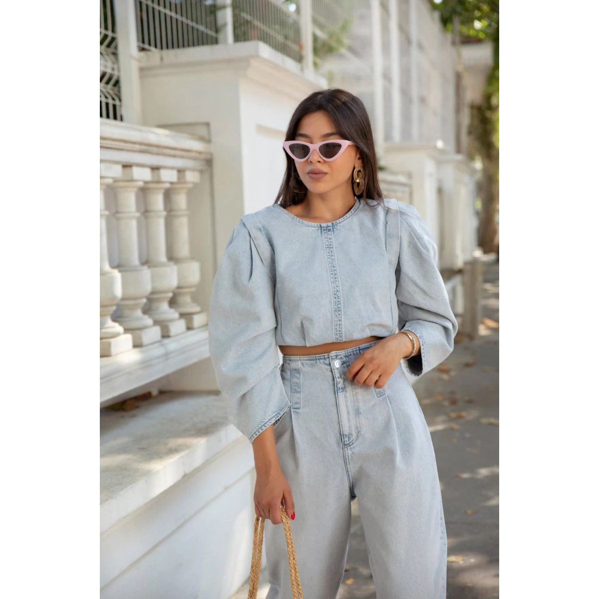 
High Quality Stylish Blue Denim Puff Sleeve Voluminous Crop Top Blue Jean Jacket Set Outfit 