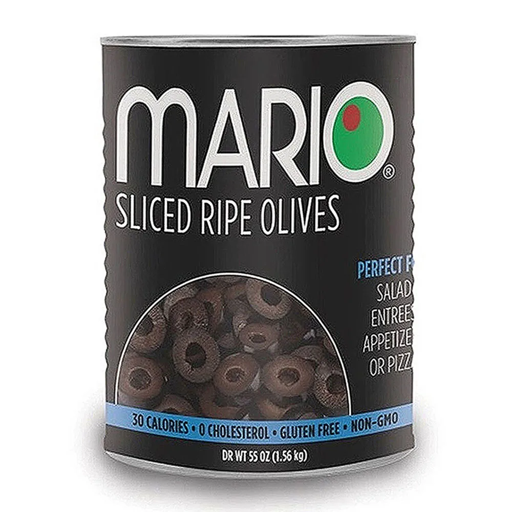 Mario Camacho Slice Ripe Olives 55oz Jar, Unmistakable, Delicious, Bold Flavor Premium Quality Pitted Black Olives