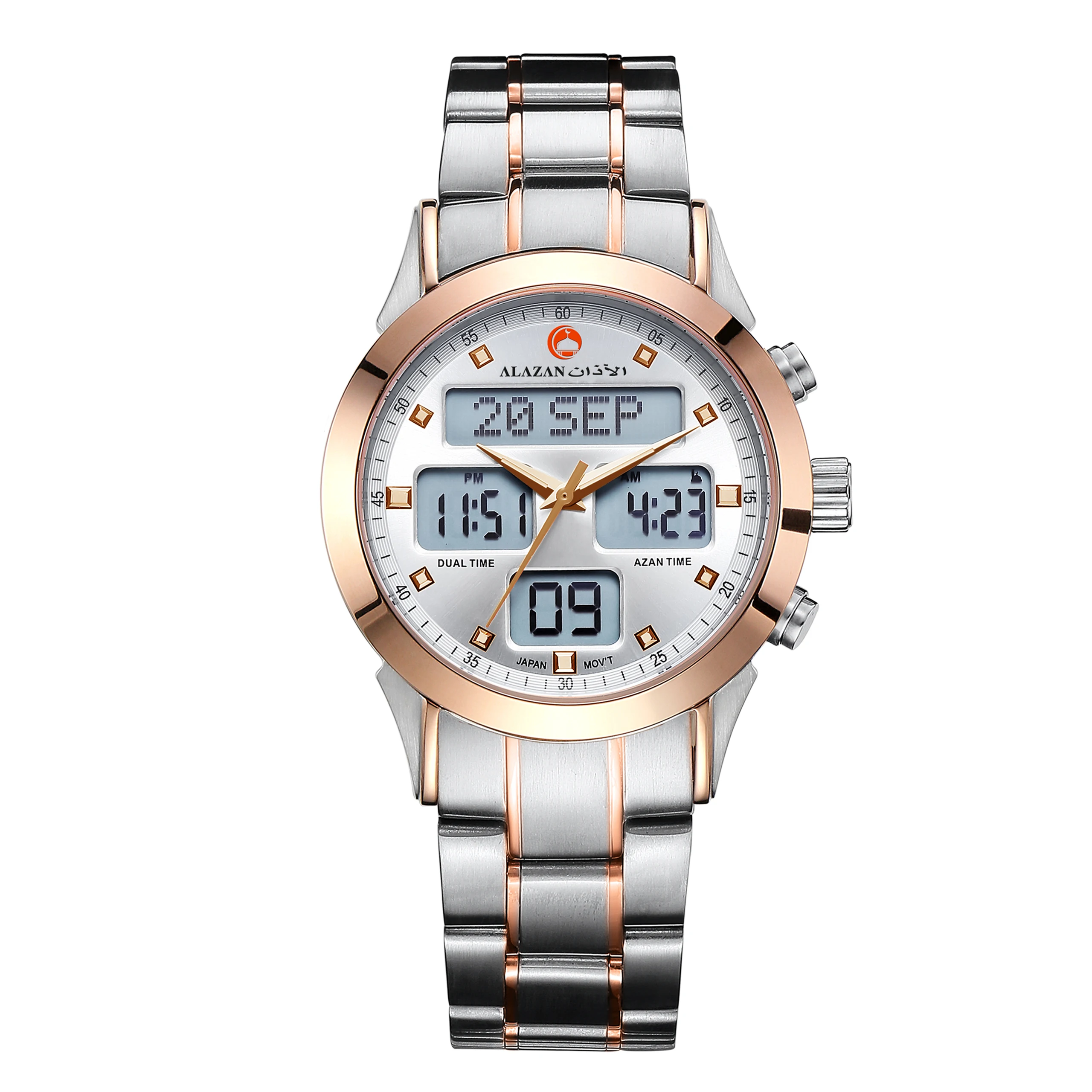 alazan Islamic muslim azan alfajr direction pilgrima wrist watch Stainless steel prayer qibla compass waterproof clock watches