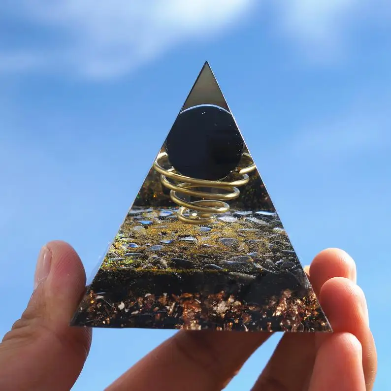 
Obsidian Crystal Sphere With Obsidian Stone Orgonite Pyramid Embraced By Copper Spiral Chakra Reiki Meditation Pyramid 