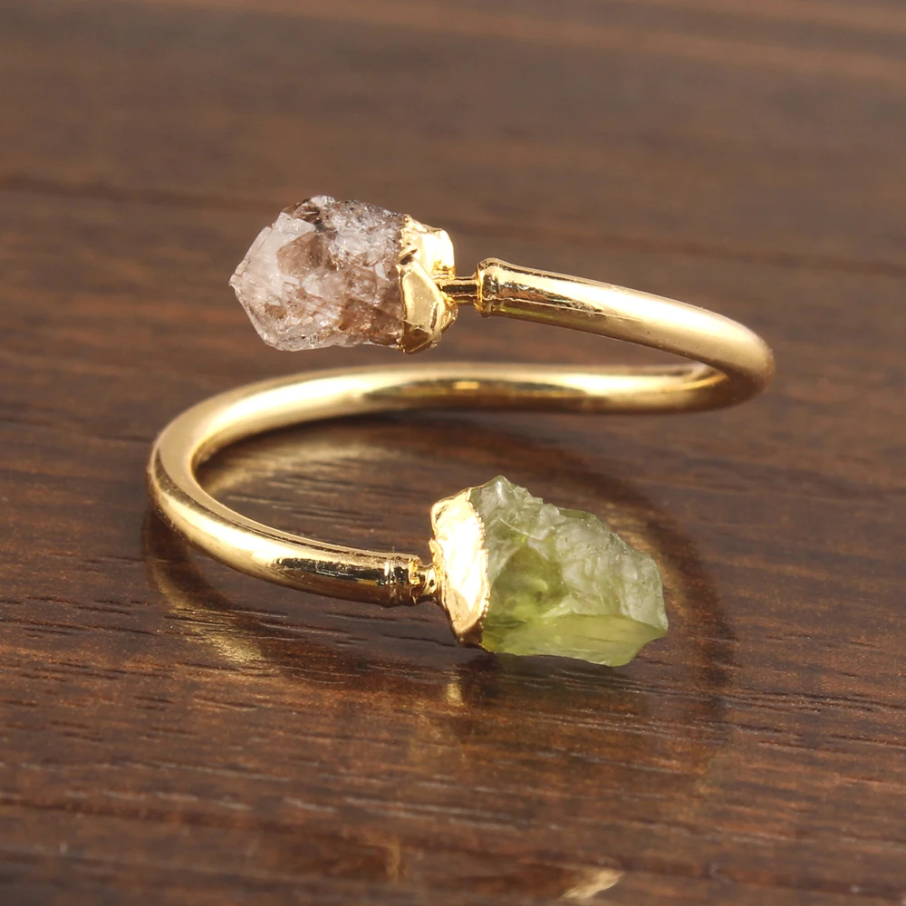 Natural rough herkimer diamond & peridot gemstone brass ring 24K gold plated adjustable ring healing jewelry unisex ring
