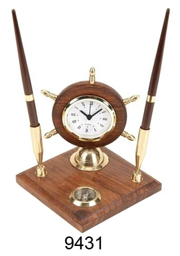 Custom Printed Brass Ship Wheel Card Holder Metal Table Top Nautical Decorative Gift Envelop on Wooden Base