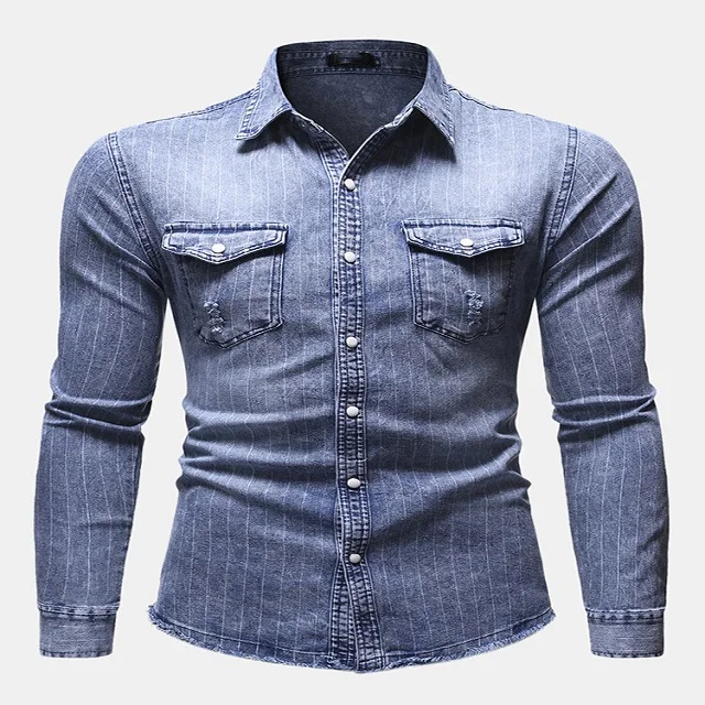 Custom Made 100% Cotton Men Business Casual Denim Single Breasted Striped Long Sleeve Shirt