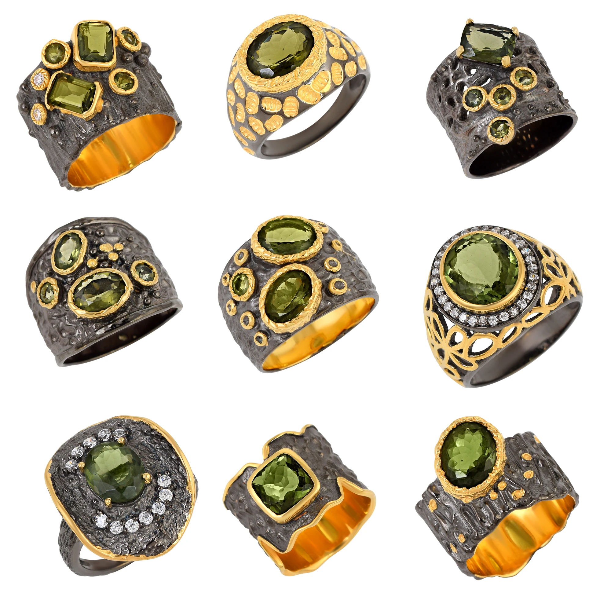 925 Sterling Silver Black Rhodium Gold Plated Tree Branch Moldavite Gemstone Cocktail Ring Cubic Zirconia Stone Fine Jewelry