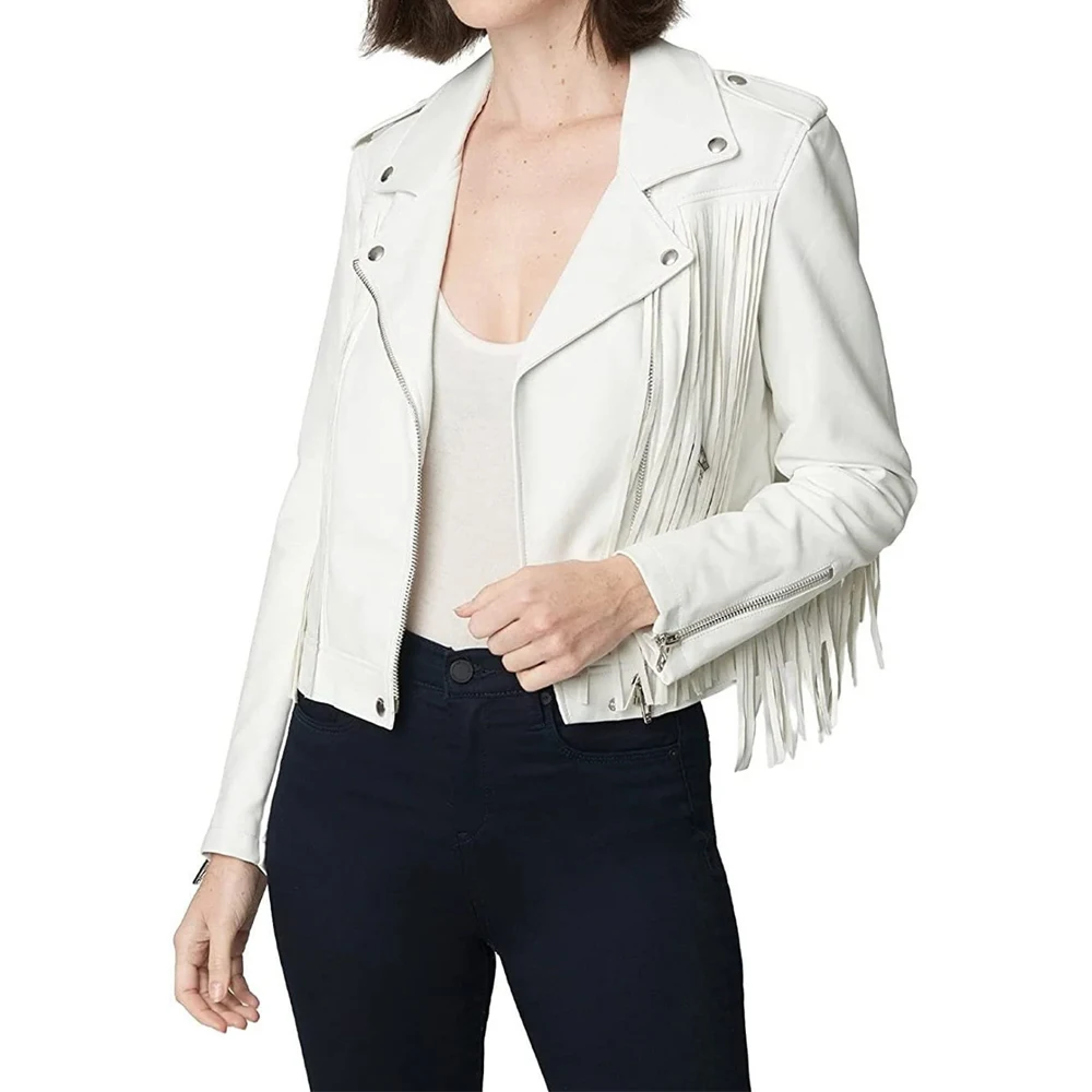 Latest design soft sheep leather style Pu jacket women with long backing pu fringe